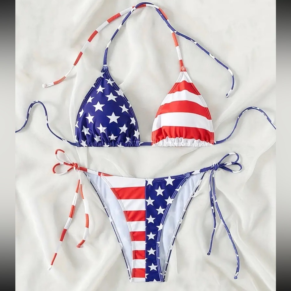 American Flag Stars Stripes Triangle Halter Bikini Set